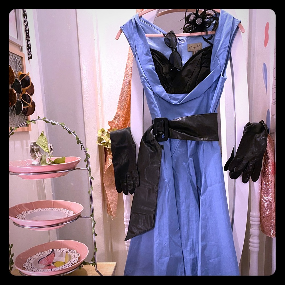 Blue circle skirt dress with black accents